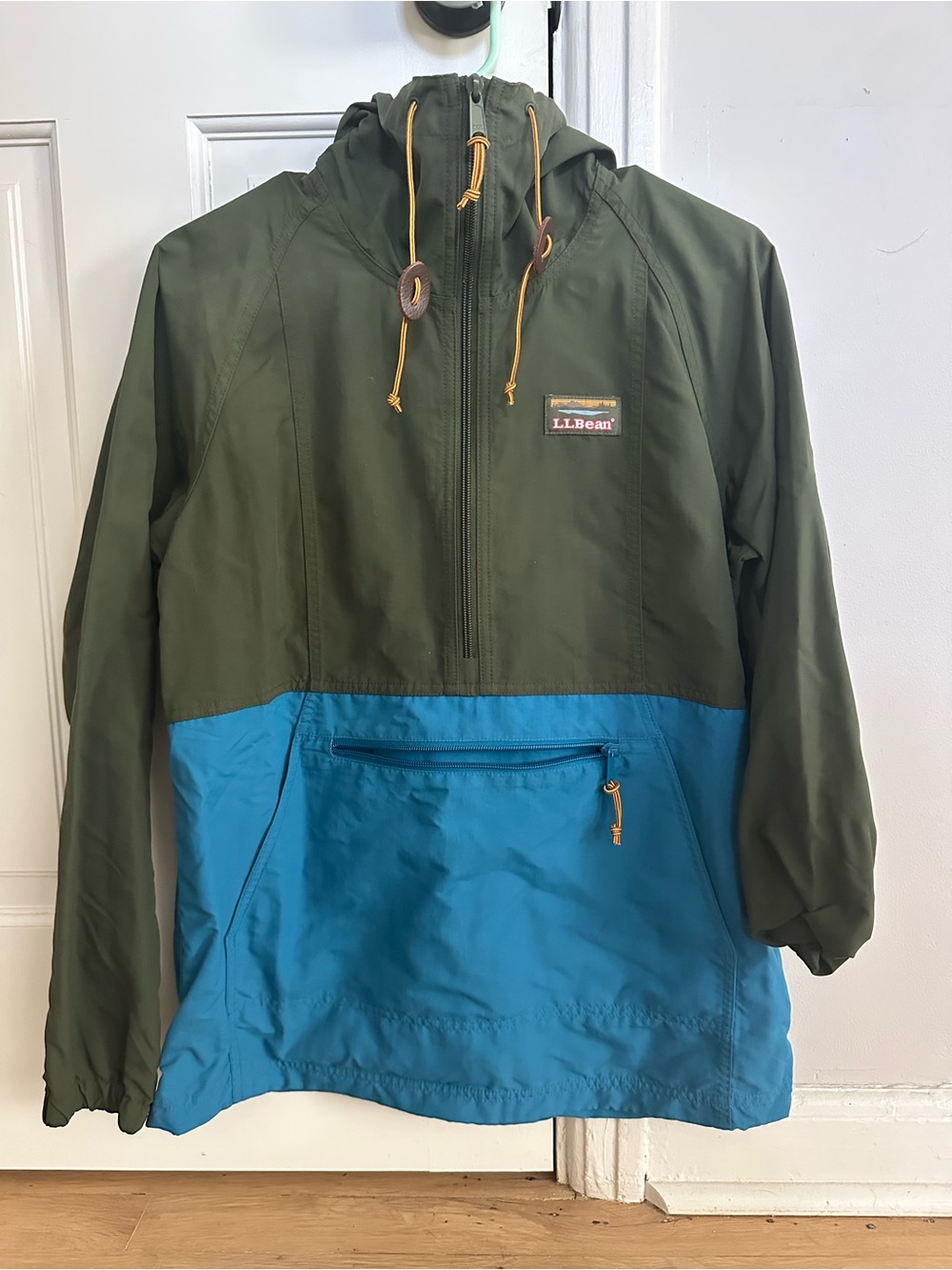 L.L. Bean Kids Hooded Two‑Tone Rain Anorak — Olive Green & Teal Blue